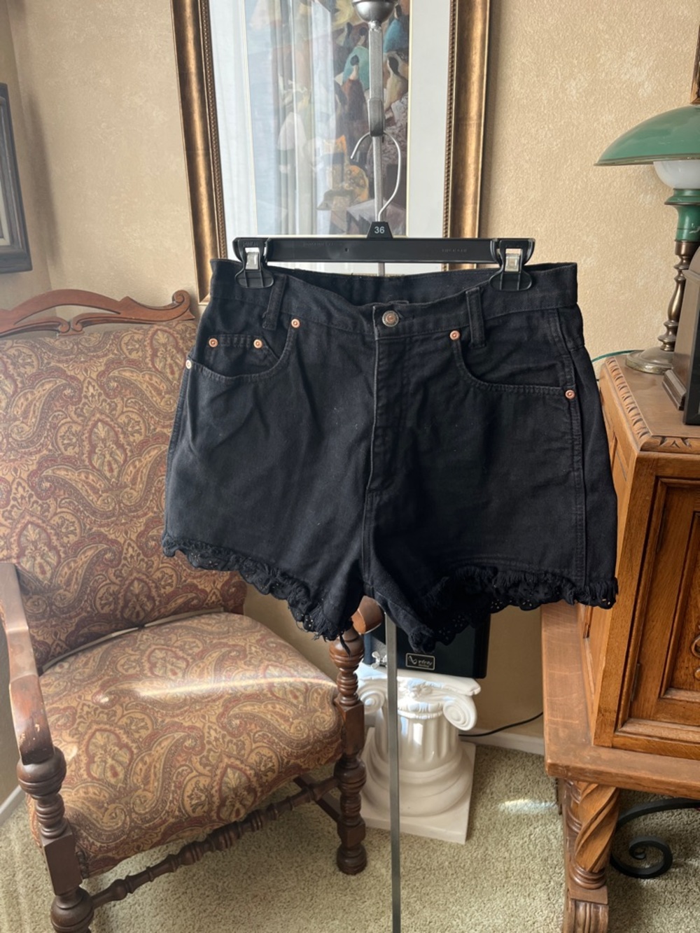 Michael G. Black Denim Shorts with Scalloped Lace Hem